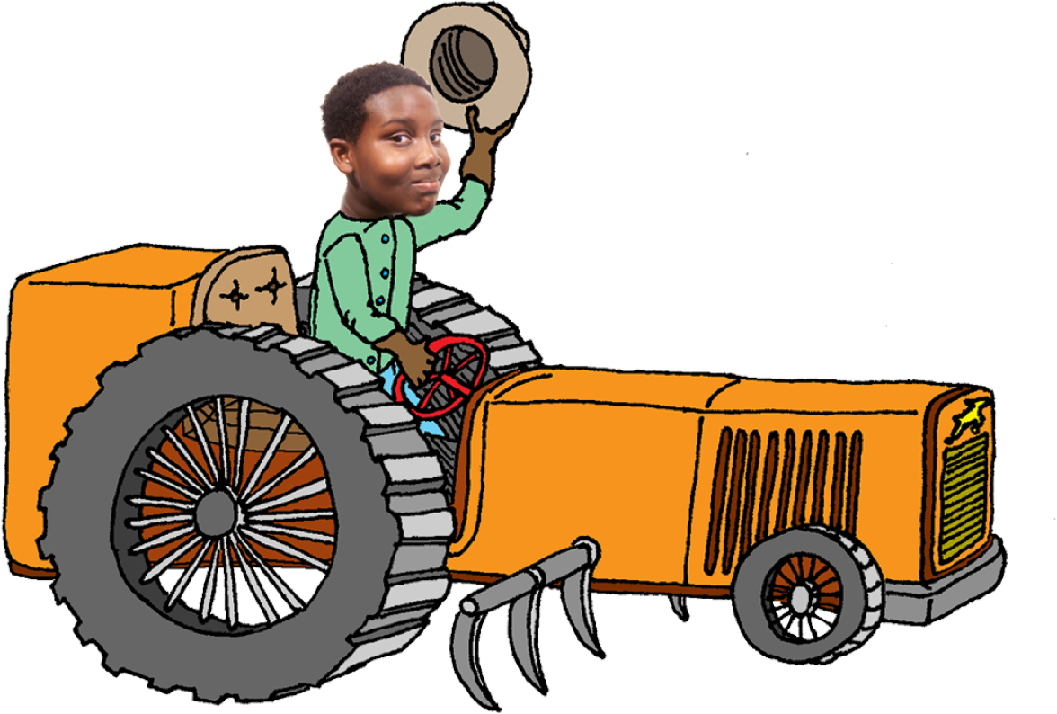A young person shown driving an illustrated tractor