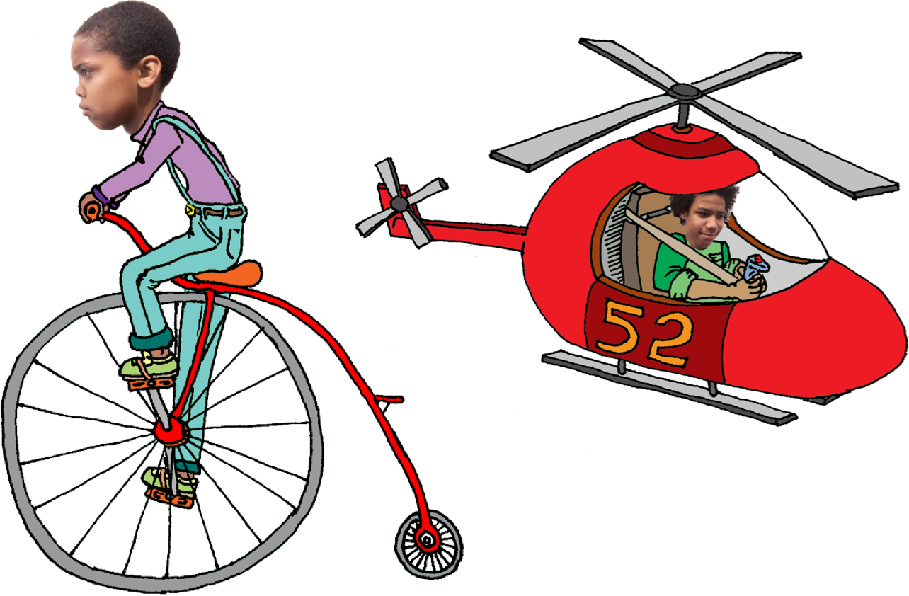 A young persons head on an illustrated bicycle and a young person piloting an illustrated helicopter