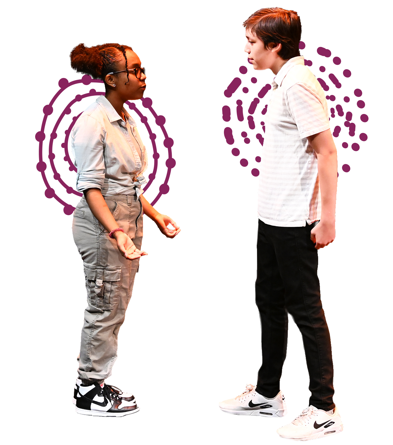 Two teens facing each other showing teen ensemble with illustrated circles in the background