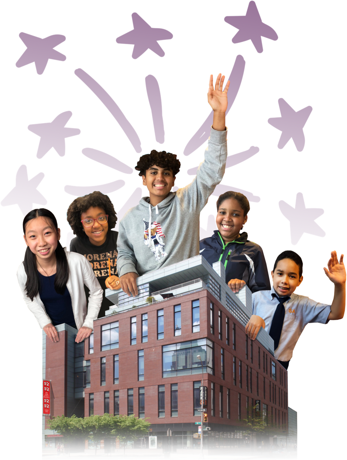 Kids appearing behind the 52nd Street Project building with a starburst in the background