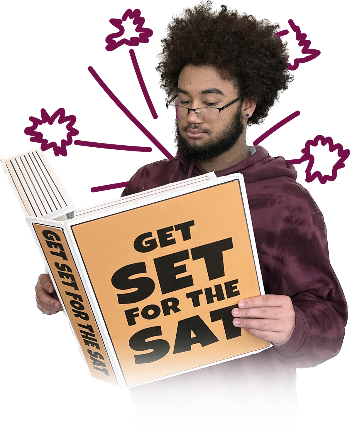 A young person holding a book prop