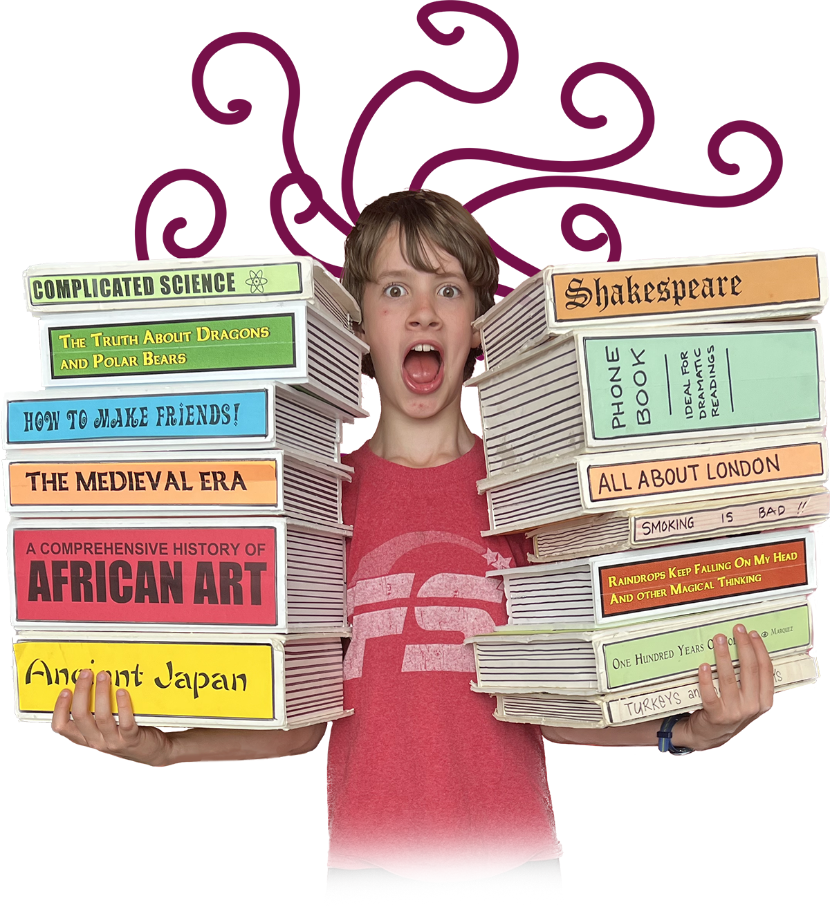 A young person holding book props in each hand