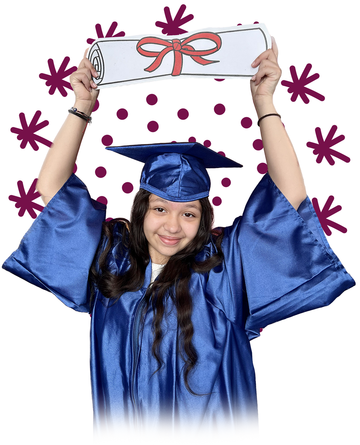 A young person wearing a cap and gown holding a diploma over their head